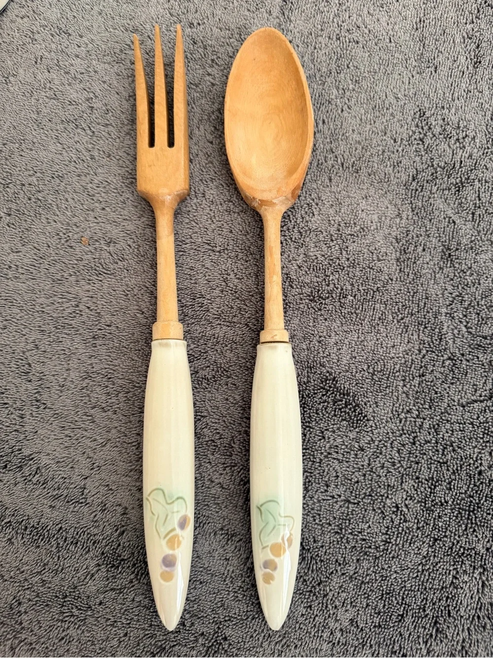 Wooden Serving Spoon and Fork Set with Cream Decorative Ceramic Handles